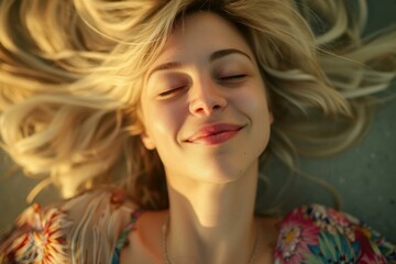 Sticker - Top view of a peaceful young woman with flowing hair, basking in golden sunlight