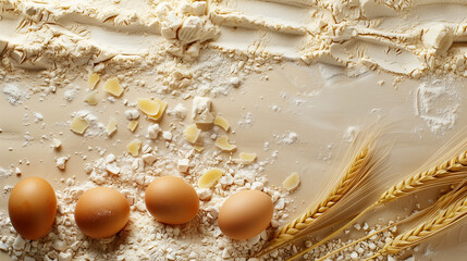 Wall Mural - Border of basic food ingredients on flour texture background