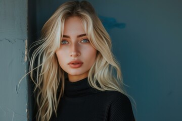 Poster - Stunning portrait of a young blonde woman with piercing blue eyes, dressed in a chic black turtleneck