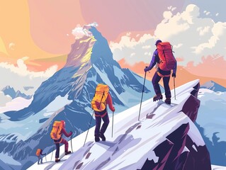 illustration of alpinists climbing a high snowy mountain  