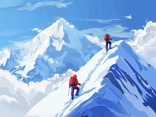 illustration of alpinists climbing a high snowy mountain  