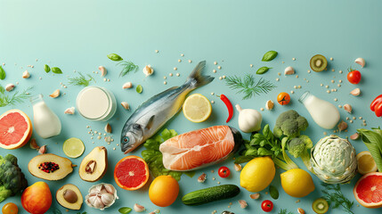 Wall Mural - Healthy food renderings of vegetables and fruits in a kitchen scene, including fish and milk