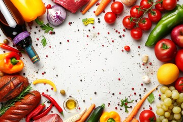 Vibrant assortment of fresh fruits and vegetables arranged on a white surface for a healthy and colorful meal prep