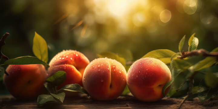 Ripe Peaches on a wooden table in Orchard in sunny day, outdoor, copy space