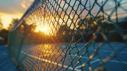 Sticker - A tennis court at sunset, with the net and surrounding fencing illuminated by the warm evening light, capturing the excitement and competition of a late-afternoon match.