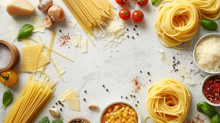 Wall Mural - Top view of spaghetti carbonara dish and ingredients arranged in a border, white copy space in the center, isolated on white background