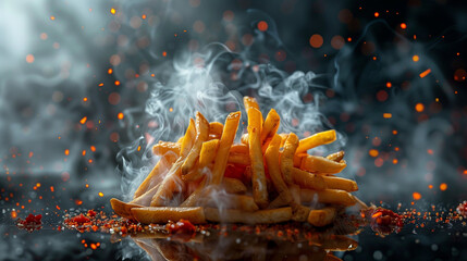 Wall Mural - Wallpaper with smoke, kebab, chicken nuggets, and french fries, realistic, black background