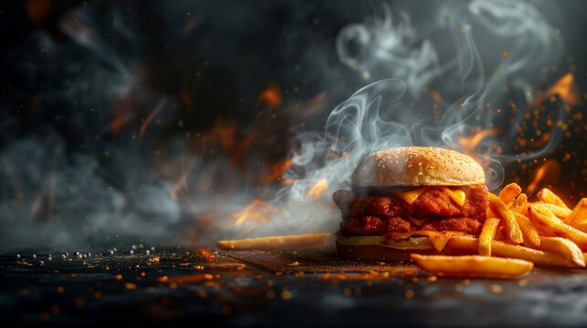 Wallpaper with smoke, kebab, chicken nuggets, and french fries, realistic, black background
