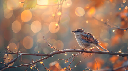 a bird perched on a branch with a vibrant big bokeh in the background. shallow depth of field. beaut