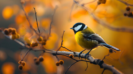 a bird perched on a branch with a vibrant big bokeh in the background. shallow depth of field. beaut