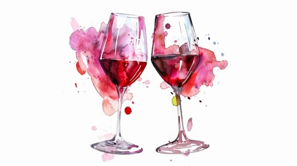 Watercolor painting of two clinking wine glasses