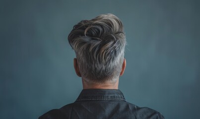 Wall Mural - A man with gray and white hair on neutral background, back view