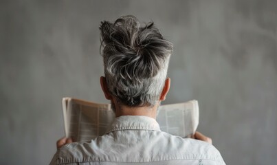 A man with gray and white hair on neutral background, back view