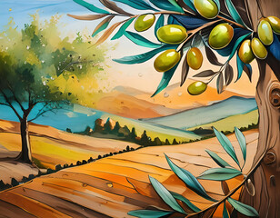 Wall Mural - Painting of a mature olive tree on an island in the Mediterranean in summer