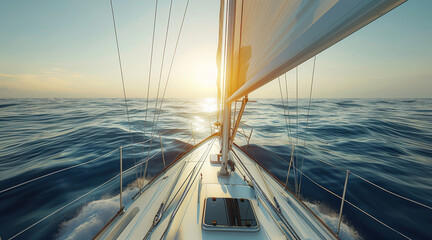 Wall Mural - Bow view of a sport sailboat, calm ocean waters in the background. Blue and white tones,The sky is clear with soft sunlight. Generative AI.