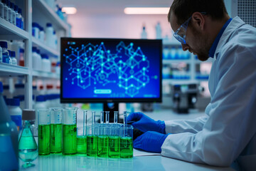 A scientist in a white coat and blue gloves is working with test tubes and beakers filled with green liquid on the table. In front of him, there is an electronic screen displaying chemical structures.