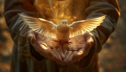 Poster - Human hands open palm up worship. Eucharist Therapy Bless God Helping Repent Catholic Easter Lent Mind Pray. Christian Religion concept background. Winged dove Testament Holy Spirit Religious