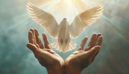 Wall Mural - Human hands open palm up worship. Eucharist Therapy Bless God Helping Repent Catholic Easter Lent Mind Pray. Christian Religion concept background. Winged dove Testament Holy Spirit Religious
