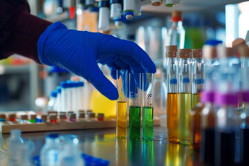 A scientist in a white coat and blue gloves is working with test tubes and beakers filled with green liquid on the table. In front of him, there is an electronic screen displaying chemical structures.