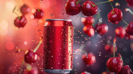 refreshing cherry flavored soda can with splashing water and cherries on red background