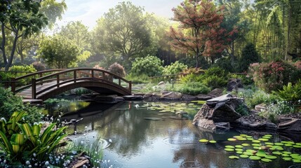 Wall Mural - A tranquil garden with a pond and a wooden bridge.