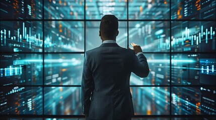 Poster - Business man trying to hit an image of business data visualization on a screen, in the style of precisionism influence. Generative AI.