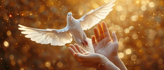 Poster - Human hands open palm up worship. Eucharist Therapy Bless God Helping Repent Catholic Easter Lent Mind Pray. Christian Religion concept background. Winged dove Testament Holy Spirit Religious