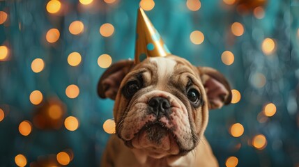 Wall Mural - A dog wearing a party hat is smiling and looking at the camera