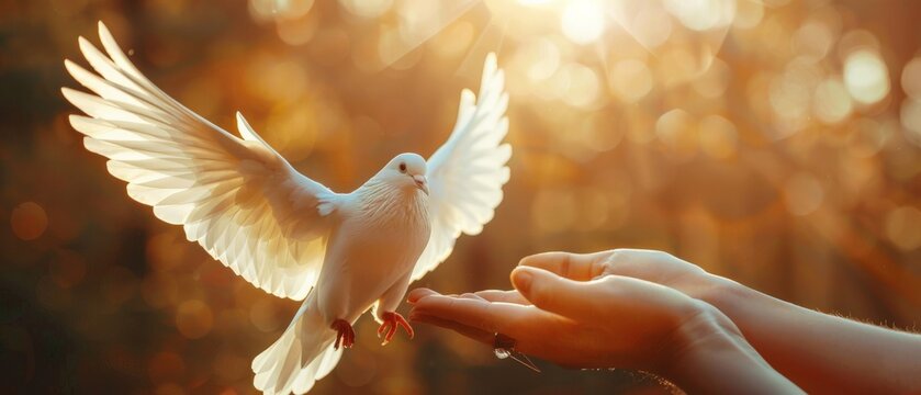 Human hands open palm up worship. Eucharist Therapy Bless God Helping Repent Catholic Easter Lent Mind Pray. Christian Religion concept background. Winged dove Testament Holy Spirit Religious