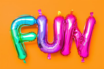 Wall Mural - vibrant foil balloons spelling 'FUN' on a bright orange background