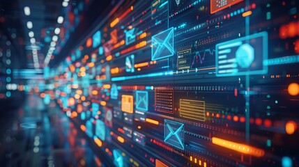 a computer screen with many icons and a blurry background. futuristic background