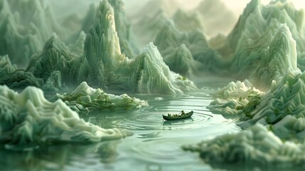 Wall Mural - A boat is floating on a lake in a green and icy landscape. The scene is serene and peaceful, with the boat being the only object in the water