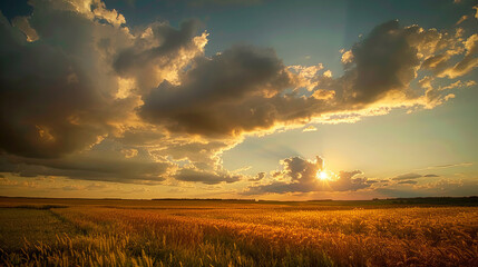 Wall Mural - Sunset over golden wheat field with dramatic clouds