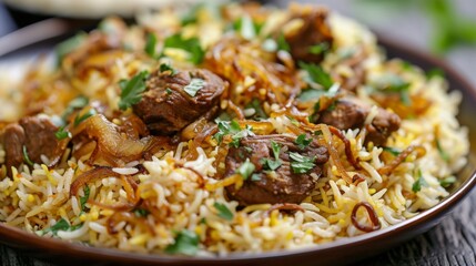 Wall Mural - A plate of fragrant biryani rice topped with tender chunks of lamb or chicken, garnished with caramelized onions and fresh herbs, a beloved Indian rice dish