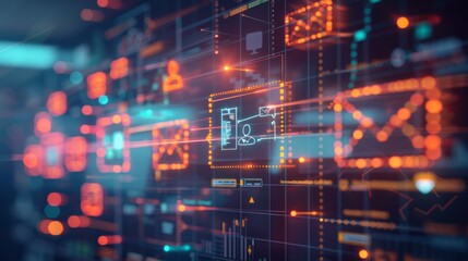 A computer screen with many icons and a blurry background. futuristic background