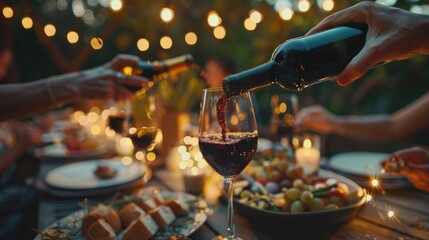 Wall Mural -  A bottle of wine is being poured into the glass, surrounded by people at an outdoor