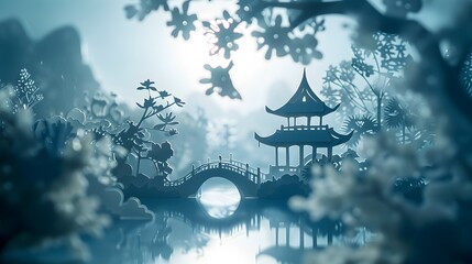 Wall Mural - A serene and peaceful scene of a bridge over a pond with a temple in the background. Concept 