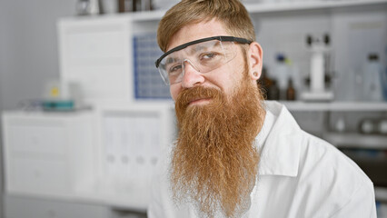 Canvas Print - Relaxed yet serious-faced, young redhead male scientist, amped about a groundbreaking experiment in the lab, ensures safety with security glasses