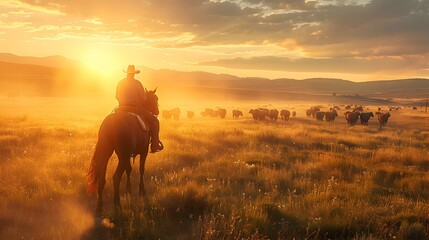 Canvas Print - Farmer on Horseback Overlooking in Expansive Pastoral Landscape at Golden Hour