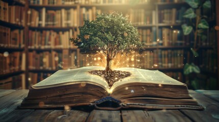 Magical tree is growing from an open book with glowing sparkles in the library