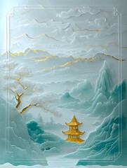 Wall Mural - A painting of a mountain landscape with a small hut in the middle. The painting has a serene and the hut creating a sense of tranquility