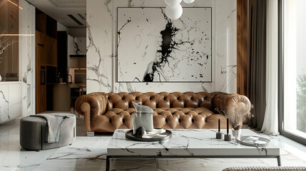 A modern lounge featuring a tufted leather sofa, marble flooring, minimalist artwork, and a large glass coffee table.