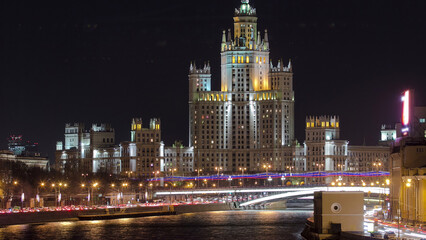 Canvas Print - Dusk view of the Kotelnicheskaya Embankment Building, one of the Seven Sisters buildings in Moscow timelapse, Russia.