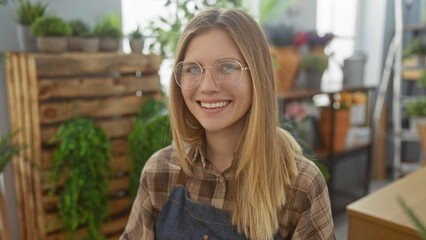 Sticker - A smiling young woman with blonde hair and glasses standing in a vibrant indoor flower shop.