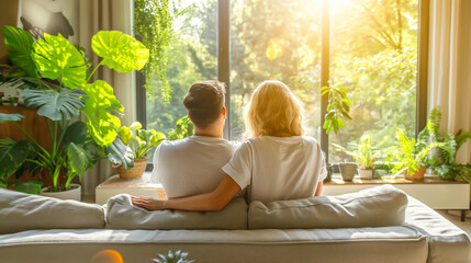 Wall Mural - A couple seated on a sofa looking out a sunny window surrounded by lush green plants, with a cozy and warm atmosphere, Generative AI. Generative AI