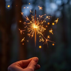 In the photo, there is an outdoor scene with several hands holding fireworks in the night sky. festive atmosphere for celebratory events such as New Year's Eve or other holidays