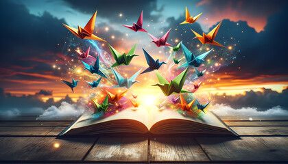 Wall Mural - an open book with vibrant, multicolored origami birds flying out of it. The background shows a beautiful sunset with a dramatic sky, creating a serene and magical atmosphere