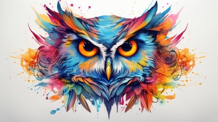 A colorful owl with a yellow eye is the main focus of the image