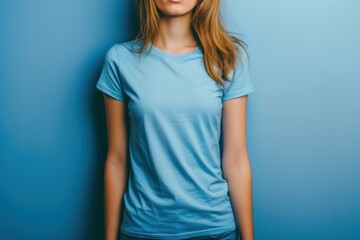 young adult in a plain blue t-shirt poses against a solid blue background