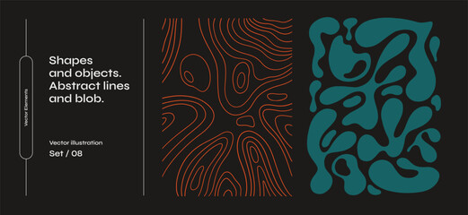 Fototapete - Set of abstract shapes and lines. Collec􀆟on of amorphous objects and drops of various irregular shapes on a dark isolated background. Graphic elements for your design.